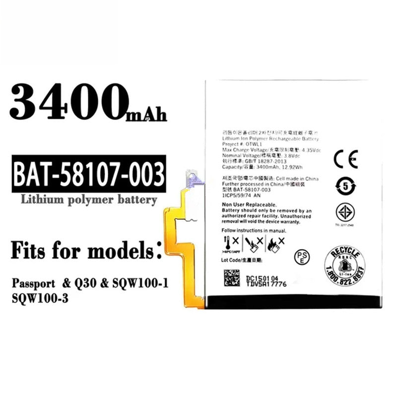 Batterie de remplacement pour Blackberry Q30 Passport, BAT-58107-003 Batterie de remplacement pour Blackberry Q30 Passport, BAT-58107-003